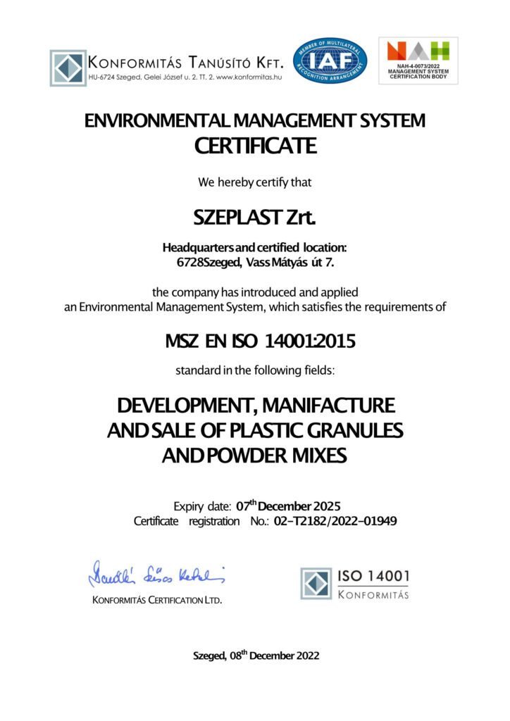 ISO 14001 Certificate Szeplast