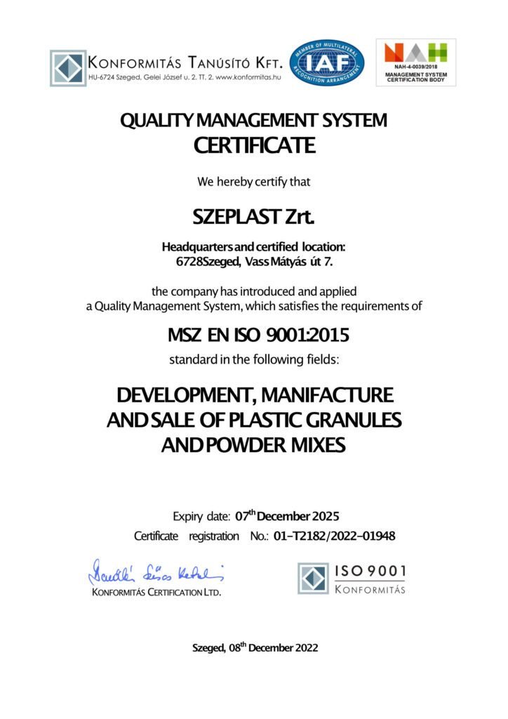 ISO 9001 Certificate Szeplast